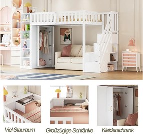 Łóżko piętrowe dla dzieci - 90 x 200 cm - z półkami + szafa + drabinka - drewno - białe