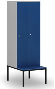 Drewniana szafa ubraniowa S4 z ławką, 2-drzwiowa, 1871 x 600 x 500/800 mm, demontaż, zamek cylindryczny, szary/niebieski