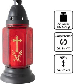 Szklany lampion na świecę, czerwony, złoty krzyż, 22 cm 3szt