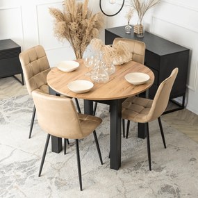 Zestaw Stół Okrągły Rozkładany HARRY 102-142 cm Dąb Craft/Czarny i 4 Krzesła Tapicerowane PERU Beżowe Welurowe Nowoczesne