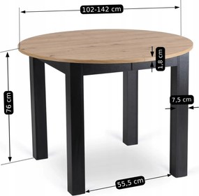 Mały stół loftowy z funkcją rozkładania Harry 102-142 cm, dąb artisan/czarny
