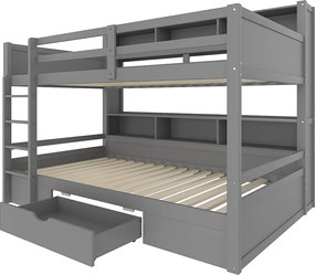 Łóżko piętrowe dla dzieci 2x90x200cm - z szufladą i przegródkami - Szare