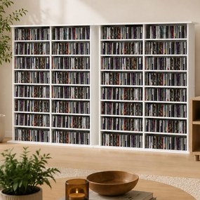 HOMCOM Regał multimedialny, 8 poziomów, regał na DVD z 12 regulowanymi półkami, 16 przegród, pojemność 720 CD, biały | Aosom PL