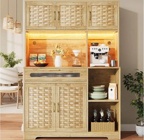Szafka kuchenna wysoka 120x40x180cm - 5 frontów + 1 szuflada - LED - Mebel wysoki - Buffet uniwersalny - Dekoracja z rotangu - Kolor naturalny
