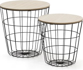 Zestaw dwóch niskich stołów kawowych Everest, blaty z naturalnej okleinowanej drewna i metalowa konstrukcja.