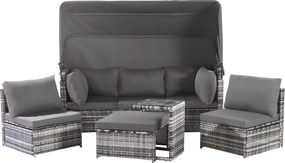 Zestaw mebli ogrodowych - Kanapa lounge z rattanu PE z regulowanym daszkiem - 6 miejsc i 1 stolik kawowy - Szary