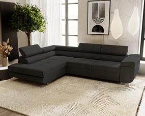 Emporius Sorlo narożnik z funkcją spania i pojemnikiem - regulowane zagłówki, lewostronny, tkanina aksamitna, czarny (Amor Velvet 4322)