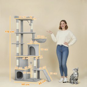 PawHut Drapak dla kota, 170 cm, tunel, jaskinie, duża podstawa, słupy sizalowe, Jasnoszary