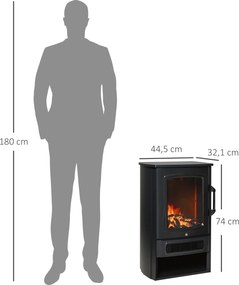 HOMCOM kominek elektryczny e-kominek z efektem płomienia termostat piec kominkowy 1000 W/2000 W, 20–25 m2, metal szkło hartowane czarny 44,5 x 32,1 x 74 cm
