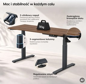 Biurko elektryczne z regulacją wysokości ergonomiczne antracytowe/orzech,1400x700 mm: ARIA