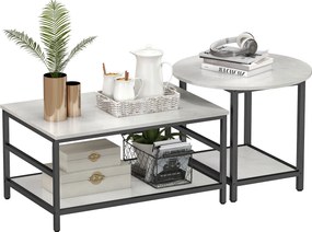 HOMCOM Zestaw Stolików Kawowych, 2 Pomocnicze Stoliki, Wygląd Marmuru, Regulowane Nóżki, Stal, Czarny/Biały