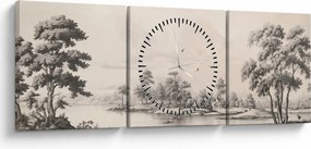 Obraz - Rysunek krajobrazu w stylu vintage (z zegarem) (90x30 cm)
