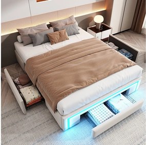 Rama łóżka dwuosobowego - 140 x 200 cm - z 3 szufladami + diody LED - bez zagłówka - skóra ekologiczna + metal + płyta MDF - beżowy