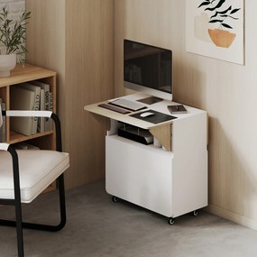 HOMCOM Składany Stół z Rolą, dwa składane boki, półka, 4 koła, Biały+Naturalne drewno, 70 x 83 x 75 cm