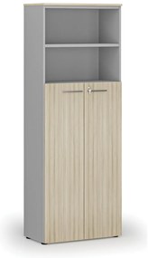Szafa biurowa kombinowana PRIMO GRAY, drzwi na 4 poziomach, 800 x 420 x 2128 mm, szary/dąb naturalny