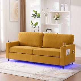 Nowoczesna sofa 2-osobowa - 203 x 77,5 x 85 cm - z USB-C + diodami LED + uchwytami na kubki i kieszeniami bocznymi - welur - żółta