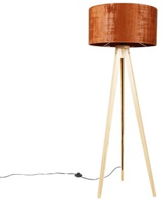 Lampa podłogowa drewniana z pomarańczowym abażurem z tkaniny 50 cm - Tripod Classic Rustykalny / Vintage Oswietlenie wewnetrzne