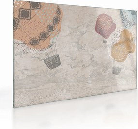 Obraz na szkle - Balony nad miastem, ciepłe odcienie (70x50 cm)