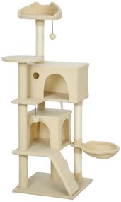 PawHut Drapak 140 cm wieża dla kota z hamakiem, drabinką, budką, 2 pluszowymi piłeczkami, słupkami sisalowymi, 48 x 48 x 140 cm, Beżowy