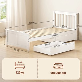 HOMCOM Rama łóżka jednoosobowego, drewniana rama, szuflady na kółkach, bez potrzeby stelaża, 90 x 200 cm, biały