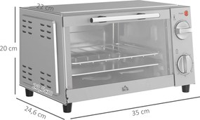 HOMCOM Minipiekarnik 9L, Mini piekarnik z blachą, rusztem, regulowaną temperaturą i czasem pieczenia, stal nierdzewna, srebrny