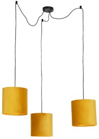 Lampa wisząca z 3 abażurami z weluru żółtymi ze złotem - CavaWiejski/ Rustykalny / Vintage Oswietlenie wewnetrzne