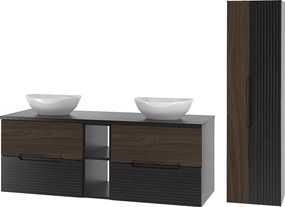 Zestaw Łazienkowy 140cm Szafka z Blatem Regał Umywalka Słupek Czarny Mat / Orzech Avella