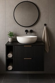 Czarna szafka łazienkowa ryflowana FLOW 80 cm z regałem i blatem