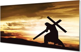 Szkło Ozdobne do Kuchni Jezus na Krzyżu o Zachodzie Słońca