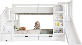 Łóżko piętrowe dla dzieci 90x200 cm - z drabiną z pojemnikami i zjeżdżalnią - z ilustrowaną biblioteczką - z 2 szufladami - biały​ (bez materaca)