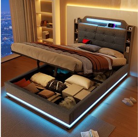 Łóżko tapicerowane ze schowkiem - 140 x 200 cm - z diodami LED + USB + TYPE-C - zagłówek ze schowkiem - len - szary