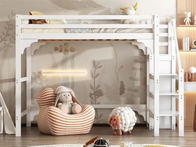 Łóżko antresola 140 x 200 cm ze schodami i szafą, drewno sosnowe i płyta MDF, w zestawie stelaż listwowy, białe