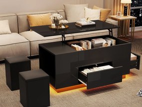 Regulowany stolik kawowy 100×50×45 cm - z oświetleniem LED - wykończenie błyszczące - z 2 szufladami i 2 stołeczkami - czarny