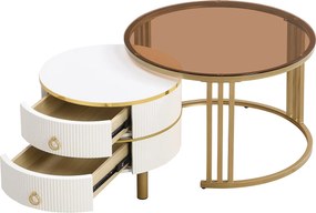 Zestaw 2 stolików kawowych - Okrągły stolik kawowy z białym i brązowym blatem - 2 szuflady