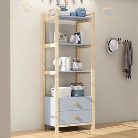 Półka wolnostojąca - 70 x 44 x 180 cm - z 2 szufladami - regał 4-poziomowy - drewno - naturalny + niebieski