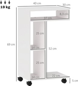 HOMCOM Stolik pomocniczy, wózek serwisowy w kształcie litery C, 4 kółka, 3 komory, 40 x 30 x 69 cm, Biały