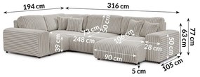 Jasnoszary sztruksowy narożnik (lewostronny/w kształcie litery U) Justin – Ropez