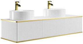 Podwieszana szafka łazienkowa prążkowana ze złotą obwódką, 2 szufladami i podwójną okrągłą umywalką nablatową - Biała - 150 cm - KELIZA