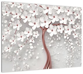 Obraz na szkle - Obraz na szkle białego drzewa z kwiatami, rosegold (70x50 cm)