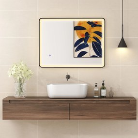 HOMCOM LED Lustro łazienkowe z funkcją przeciwmgielną, lustro do makijażu z oświetleniem, 80 x 60 cm, czarna rama | Aosom PL