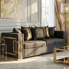 Sofa PALLAZO 3S Trzyosobowa Czarno/Złota Welurowa Nowoczesna Glamour