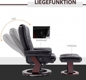 HOMCOM Fotel relaksacyjny z podnóżkiem, fotel rozkładany, obrotowy, odchylane oparcie, wygląd skóry, do 130 kg, czarny | Aosom PL
