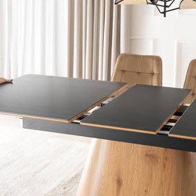 Zestaw Stół Rozkładany Ceramiczny LIZBONA 160-200 cm Czarny/Dąb i 4 Krzesła Tapicerowane RODRI Beżowe Nowoczesne