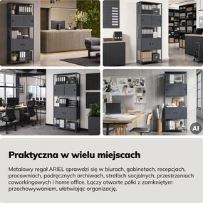 Regał na segregatory z szafką zamykaną, biurowy, otwarte półki, metalowy antracytowy, 800x2200x400 mm: ARIEL