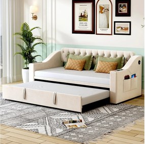 Leżanka 90/180 x 190 cm - beżowy aksamit - łóżko dla dorosłych z funkcją ładowania przez USB - stelaż z listew - bez materaca