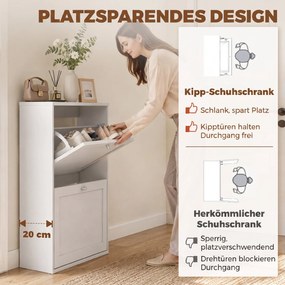 HOMCOM Szafka na buty z 2 klapami, regulowanymi półkami, na do 8 par butów, Biały | Aosom PL