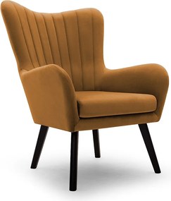 Fotel TED z tkaniny Velluto, wysoka oparcie, szerokie siedzisko, czarne nogi, pionowe przeszycia, 76x78x100 cm, złoty