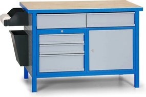 Stół warsztatowy GD, 5 szuflad, świerk + sklejka świerkowa obustronnie fornirowana, 5 szuflad, 1 szafka, 1190 x 600 x 850 mm, niebieski / szary