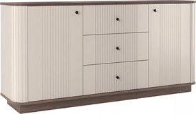 Komoda Vesper 160 cm z szufladami na cokole - kaszmir / orzech / czarne uchwyty