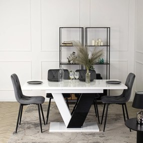 Zestaw Stół Prostokątny Rozkładany CLARK 120-160 cm Czarny/Biały Połysk i 4 Krzesła Tapicerowane do Salonu ROBIN Szare Welurowe